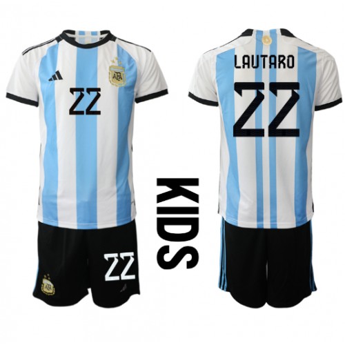 Fotballdrakt Barn Argentina Lautaro Martinez #22 Hjemmedraktsett VM 2022 Kortermet (+ Korte bukser)